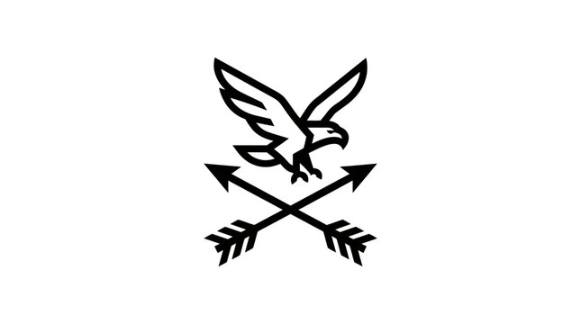 Minimalist eagle flying over crossed arrows vector logo illustration in black and white line art style.