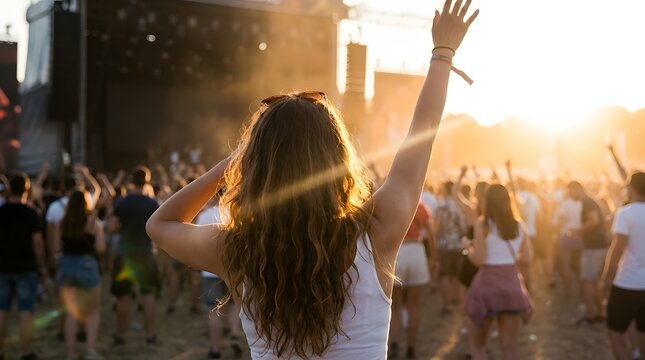 A joyful young woman with arms raised enjoys a vibrant outdoor music festival at sunset, surrounded by a cheering crowd