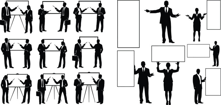 Collection of professional business people silhouettes presenting with boards