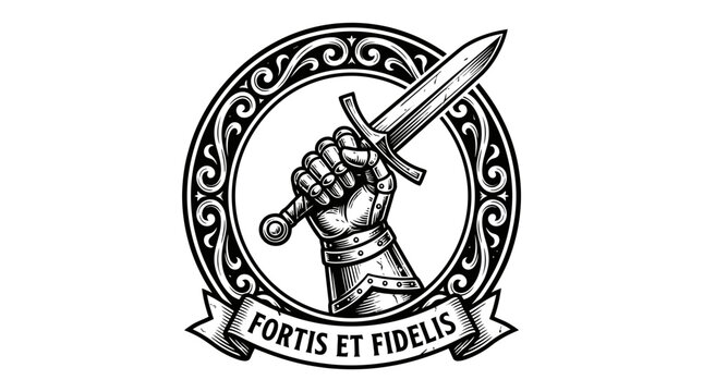 Vintage Heraldic Crest Featuring an Armored Knight Gauntlet Gripping a Sword with Latin Motto Fortis Et Fidelis