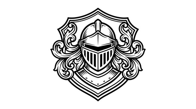 Medieval Knight Helmet with Shield and Ornate Filigree, Heraldic Vector Emblem Design