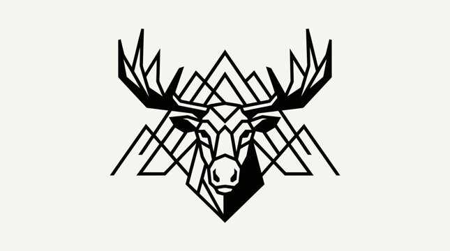 Geometric Moose Head Vector Illustration with Minimalist Mountain Peak Design Elements, Symbol of Wilderness and Adventure