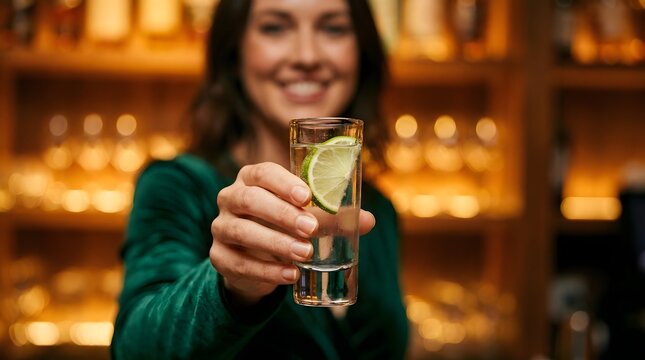 A smiling woman offers a refreshing drink with lime and ice in a glass at a bar