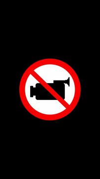 Vertical Video No Filming Prohibited Sign Animation for Stories. Mobile Portrait No Video Recording Warning Icon Motion Graphics Asset. Alpha Channel Included, Transparent Background, Seamless Loop.
