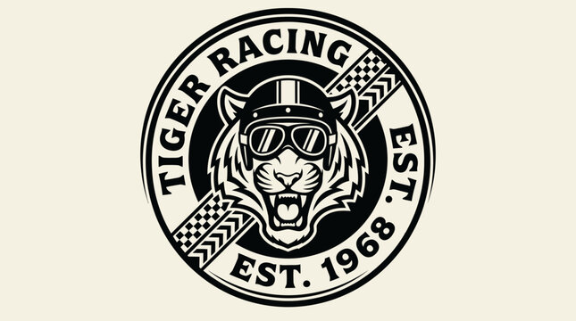 Vintage Tiger Racing Mascot Logo with Motorcyclist Helmet and Goggles, Retro Style Animal Emblem