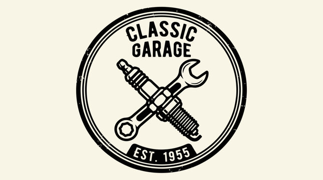Vintage Classic Garage Logo Emblem with Crossed Spark Plug and Wrench, Retro Automotive Repair Shop Badge Design
