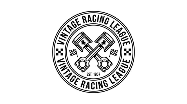 Vintage Racing League Emblem with Crossed Pistons and Checkered Flags, Retro Motor Sports Badge Design Vector Illustration