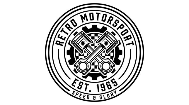 Retro Motorsport Vintage Logo Design with Crossed Pistons Gear and Checkered Flag for Racing Garage
