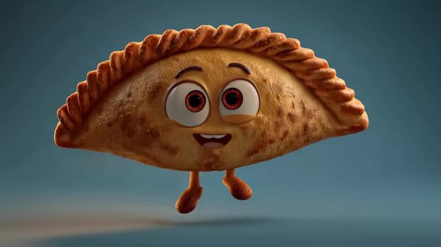 Friendly animated empanada character smiling with arms and legs on a blue background