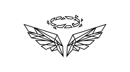 Fototapeta premium Geometric Low Poly Angel Wings with Halo Crown of Thorns Minimalist Tattoo Style Line Art Vector Illustration