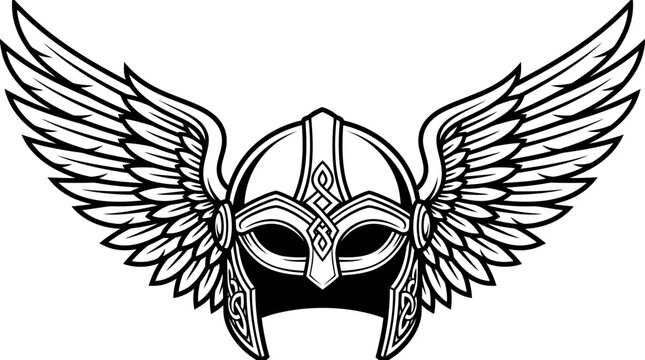 Winged Viking Helmet Vector Illustration with Norse Knotwork, Valkyrie Warrior Headgear for Tattoo and Logo Design