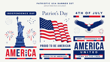 American Independence Day vector set featuring 250th anniversary posters, banners, greeting cards, and patriotic invitations. © Al Noman
