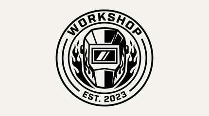 Fototapeta premium Vintage Industrial Welding Workshop Logo featuring a Welder Helmet with Flames, Retro Badge Design for Metal Fabrication and Repair Services