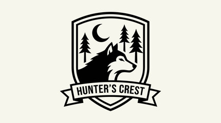 Fototapeta premium Vintage Shield Crest Logo with Wolf Head, Forest Pine Trees and Crescent Moon for Hunting Club or Outdoor Brand