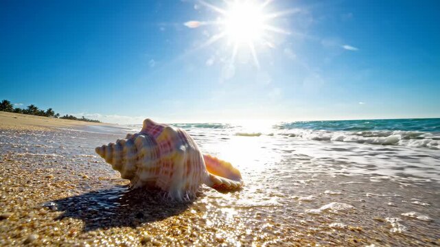 Conch shell resting on sunny beach shore with crashing waves for travel and nature content