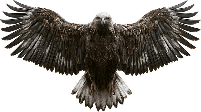 A majestic bald eagle with brown feathers and a white head is captured in flight, showcasing its powerful wings and sharp beak as a wild predator isolated on a clean white background