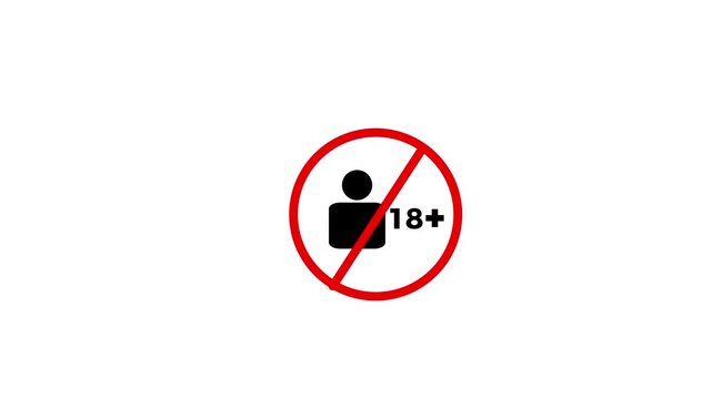 Minimalist 18 plus age restriction warning sign on white background 4k video animation.