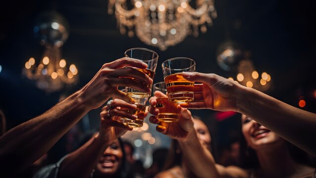 Friends celebrating with a toast in a dimly lit, elegant bar with chandeliers overhead