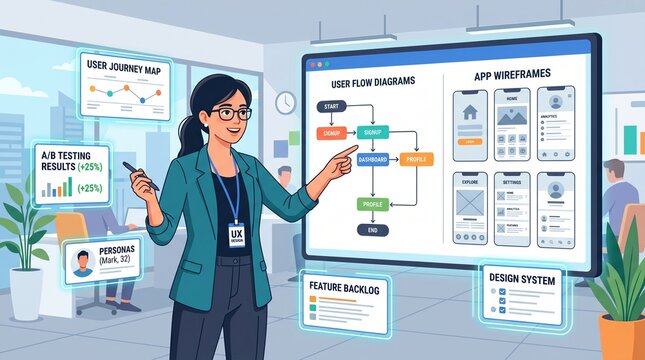 Professional female UX designer presenting user journey map and mobile app wireframes