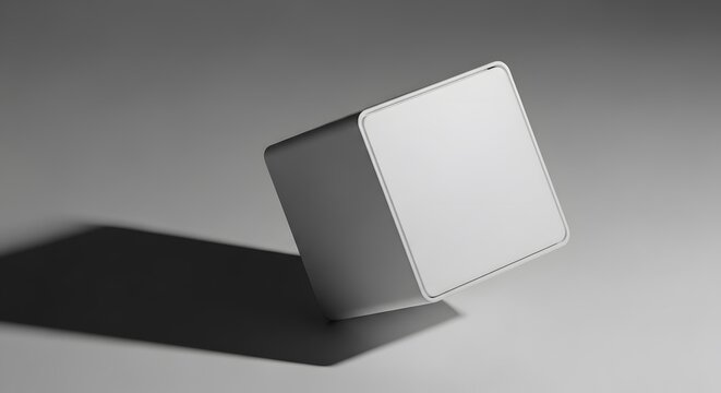 White Cube with Rounded Edges Tilted on Corner Casting Long Shadow