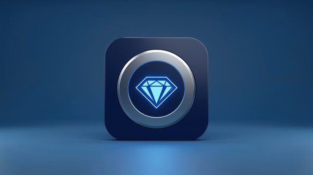 Glowing diamond icon button with a metallic silver ring frame on a dark blue background for mobile app design or digital gaming interface