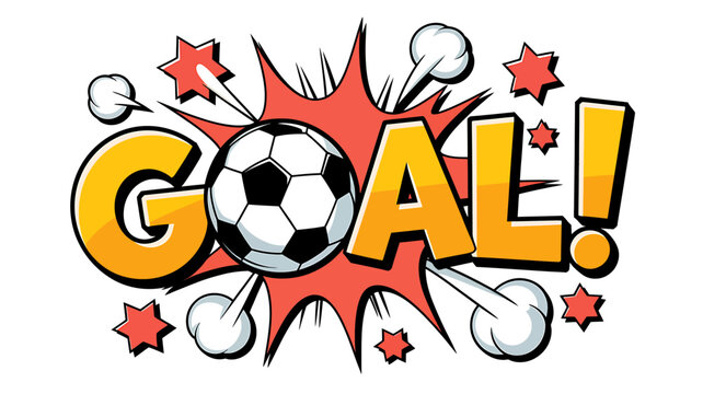 Colorful cartoon goal celebration with soccer ball and explosion effect design