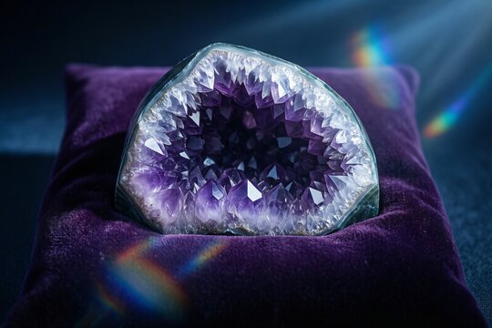 Amethyst Geode on Purple Velvet Pillow with Rainbow Prisms