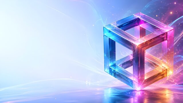 Bright Futuristic Impossible Cube Background with Neon Glass Geometry
