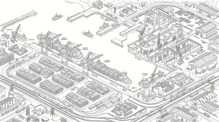 Fototapeta premium Aerial view of a bustling harbor with cargo ships and industrial buildings along the waterfront.
