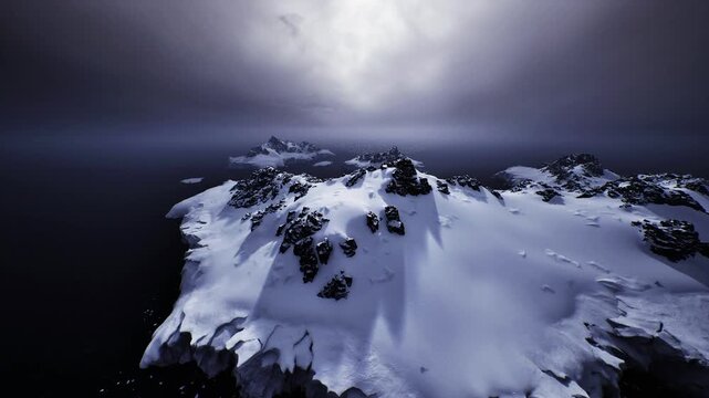 dark stormfront approaching snowbound headland, windsculpted drifts and jagged rocks, intense atmosphere for environmental and climate narratives