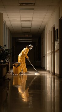 Professional cleaner in protective suit mops a shiny hallway floor with sunlight streaming in. A person wearing full yellow protective suit and mask meticulously cleans polished floor in long corridor