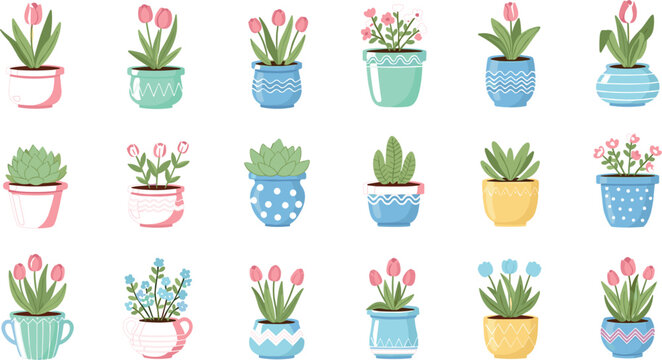 Potted Plants Vector Illustration Set Featuring Colorful Flower Pots, Succulents, and Tulips for Gardening, Home Decor, and Nature Design Graphics