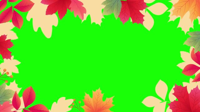 Vibrant autumn fall foliage border design frame surrounding bright green screen chroma key background space