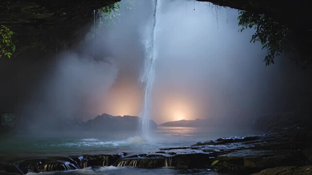 Ethereal Waterfall Inside a Mystical Cave at Twilight. Seamless looping 4k video background