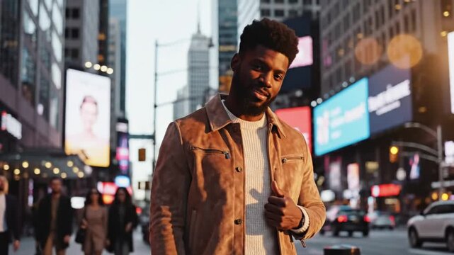 Handsome Black Man Standing Confidently in New York City's Times Square Smiling and Posing for the Camera