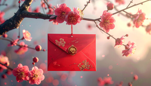 Red envelope hanging on blossom branch