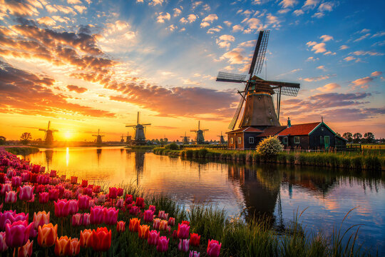 Scenic Dutch countryside landscape featuring traditional windmills beside a calm canal during golden sunset light. Colorful tulip flowers in the foreground, dramatic clouds, water reflections and auth