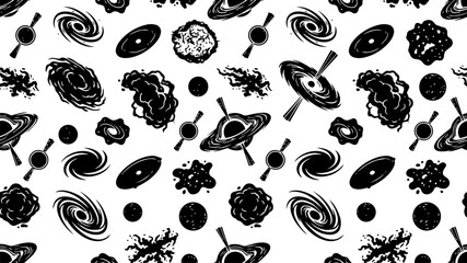 Outer Space Seamless Pattern with Planets, Black Holes, Galaxies, Asteroids, Satellites and Cosmic Orbits in Black and White Vector Style © LorisP