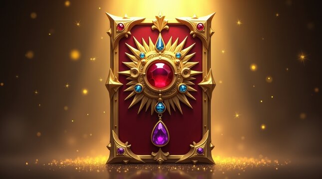 Golden magical book cover with a large red ruby gemstone and ornate sunburst design on a dark background with floating golden particles