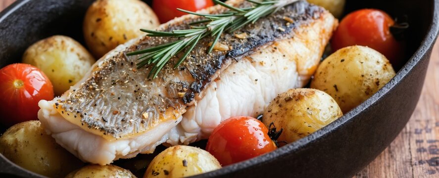 Baked cod loin with potatoes and cherry tomatoes served in cast iron pan. Rosemary sprigs on fish, seasoned with salt and pepper. Healthy, delicious seafood meal.