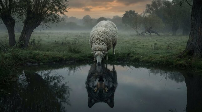 Sheep drinking water from a pond, its reflection showing a fierce wolf's face with glowing eyes, symbolizing duality and inner nature in a mysterious misty landscape at dawn.