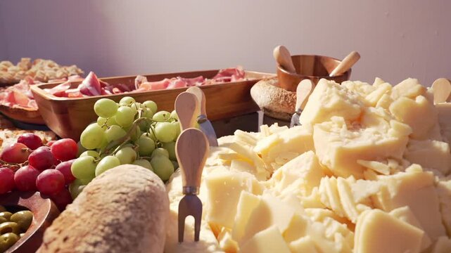 A large table of hams, cheeses and fruits at a wedding