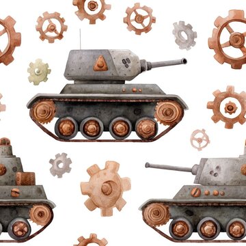 Watercolor cartoon seamless pattern of tank tracks and gears for military-themed design on white background