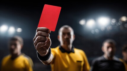Referee holding red card in stadium during football match
