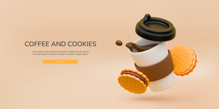 Realistic banner with coffee paper cap, beverage splash and delicious cookies. 3D breakfast composition featuring hot drink, sweet dessert elements for cafe design, Vector illustration