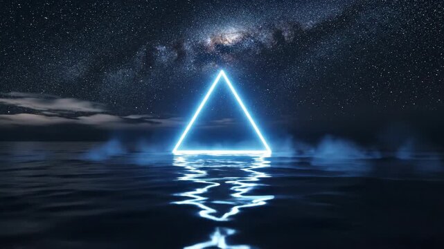 Glowing neon triangle rising over dark ocean under milky way galaxy for sci-fi and music intro