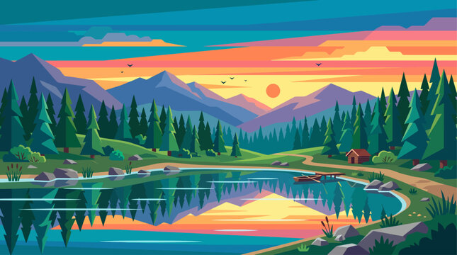 Nordic Midnight Sun Flat Vector Landscape Illustration