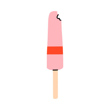 Vector bitten pink popsicle ice cream on wooden stick with red stripe in flat minimal style. Sweet summer dessert illustration for cafe menu, kids party, sticker and playful food branding.