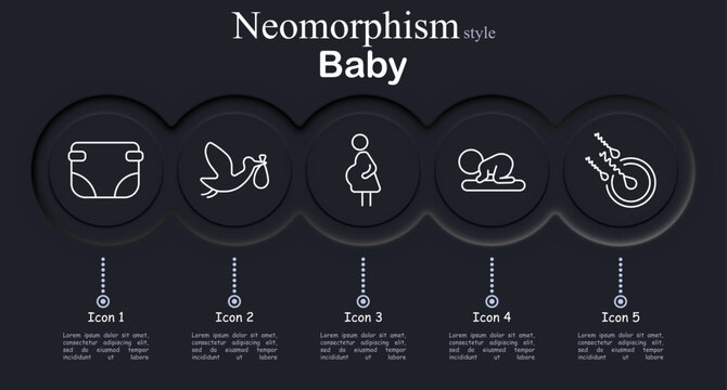 Baby set icon. Neomorphic circular interface line icons with diaper garment, flying stork baby bundle, pregnant woman figure, crawling infant pose, baby pacifier nipple ring