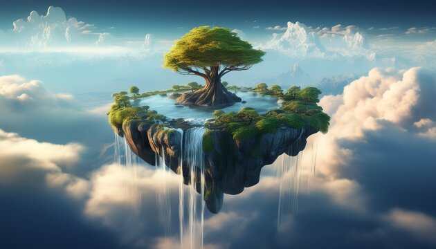 schwebende insel mit baum und wasserfall in den wolken n magische traumwelt uber dem himmel